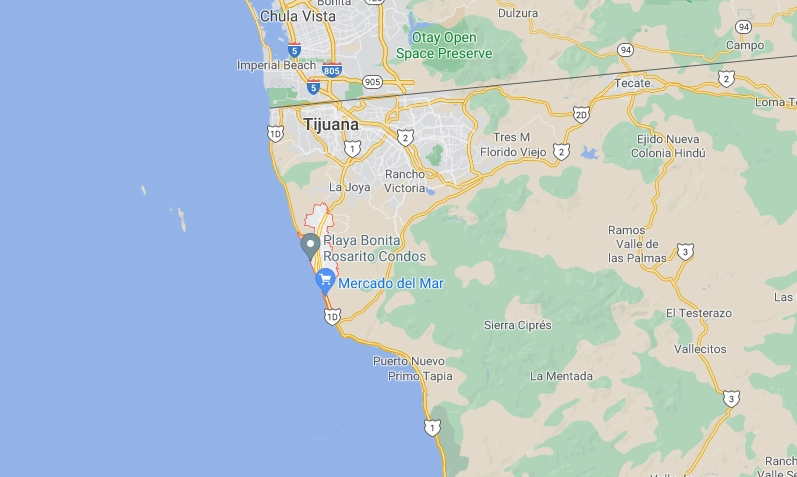 Playas de Rosarito en Baja California. Captura de imagen de Google Maps