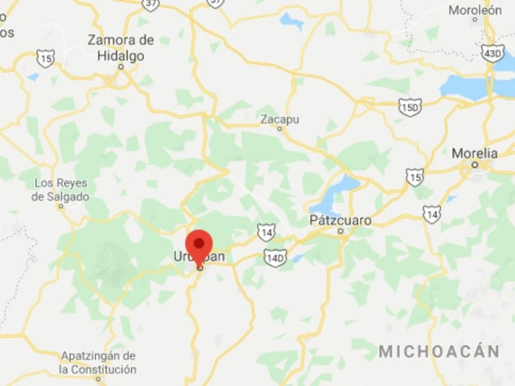 La fuga de amoniaco ocurrió en las inmediaciones de la ciudad, sobre la carretera Uruapan-Carapan. Imagen tomada de www.google.com/maps/