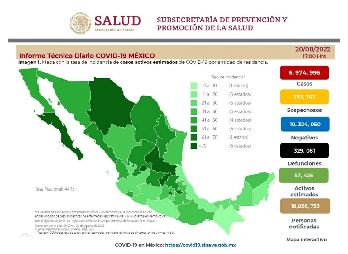 Ficha técnica del avance de la enfermedad al 20 de agosto.