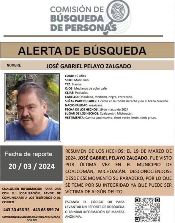 Pelayo es profesor y forma parte del consejo popular de Chinicuila y ha apoyado la lucha en defensa del territorio y del medio ambiente. Foto Ficha emitida por la Comisión de Búsqueda de personas