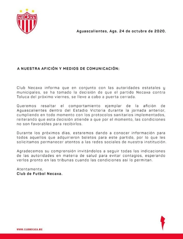 El Necaxa informó sobre los casos positivos de Covid-19 en el club. Jugarán a puerta cerrada. Foto @ClubNecaxa