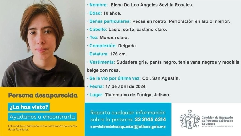 Elena de los Ángeles Sevilla Rosales, de 16 años y alumna de la Escuela Politécnica de la UdeG, fue reportada como desaparecida. Foto Comisión de Búsqueda de Jalisco