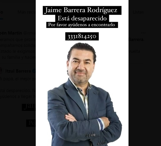 Su hija Itzul Barrera, quien es candidata a diputada en el distrito 9 representando a Morena, alertó a través de redes sociales a las 9 de la noche que su padre estaba desaparecido. Foto @itzulBarrera