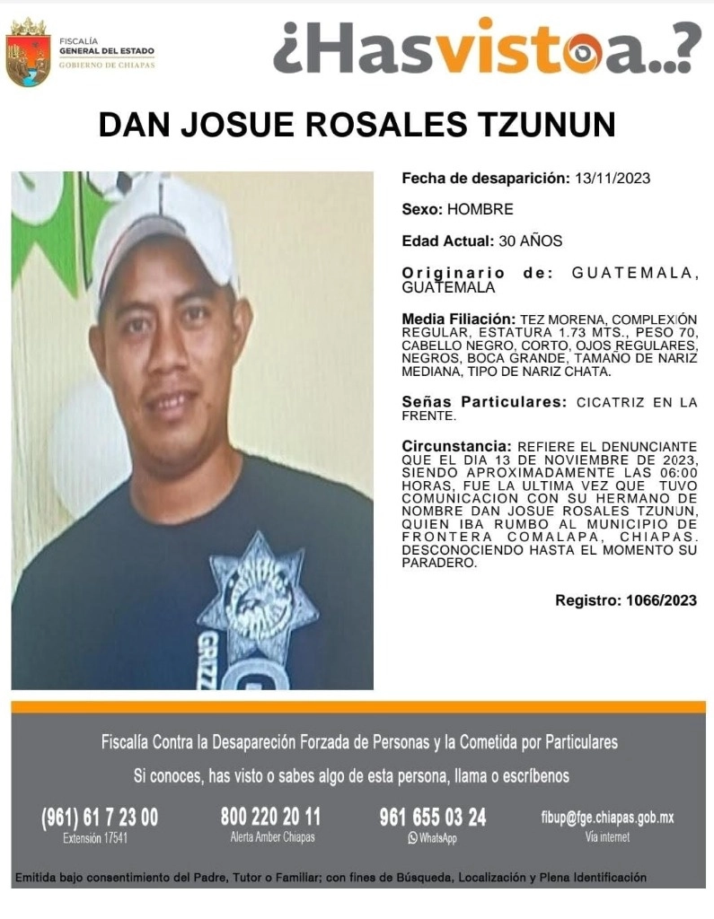 Hasta el momento la Fiscalía de Chiapas solo ha recibido una denuncia formal por la desaparición de un ciudadano de Guatemala. Foto Cortesía FGE