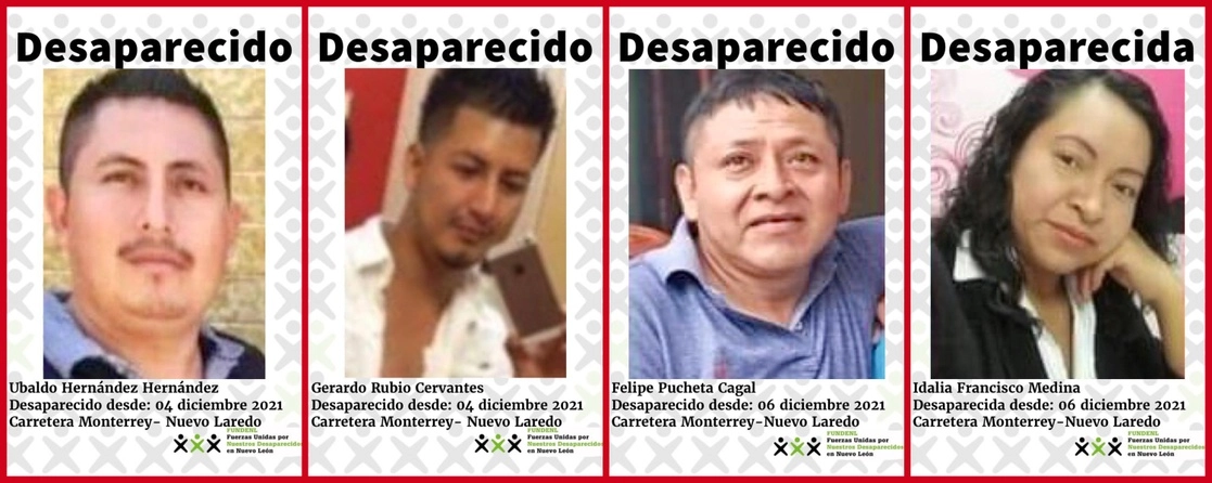 Fichas de las cuatro víctimas que desaparecieron en el trayecto de la carretera Monterrey-Nuevo Laredo en dos eventos diferentes y difundidas por el colectivo Fuerzas Unidas por Nuestros Desaparecidos en Nuevo León. Imágenes tomadas del Facebook de @FUNDENL