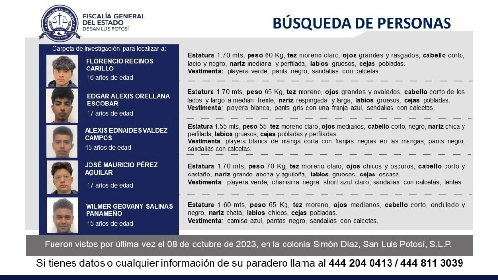 Ficha de búsqueda de los menores migrantes desaparecidos en San Luis Potosí.