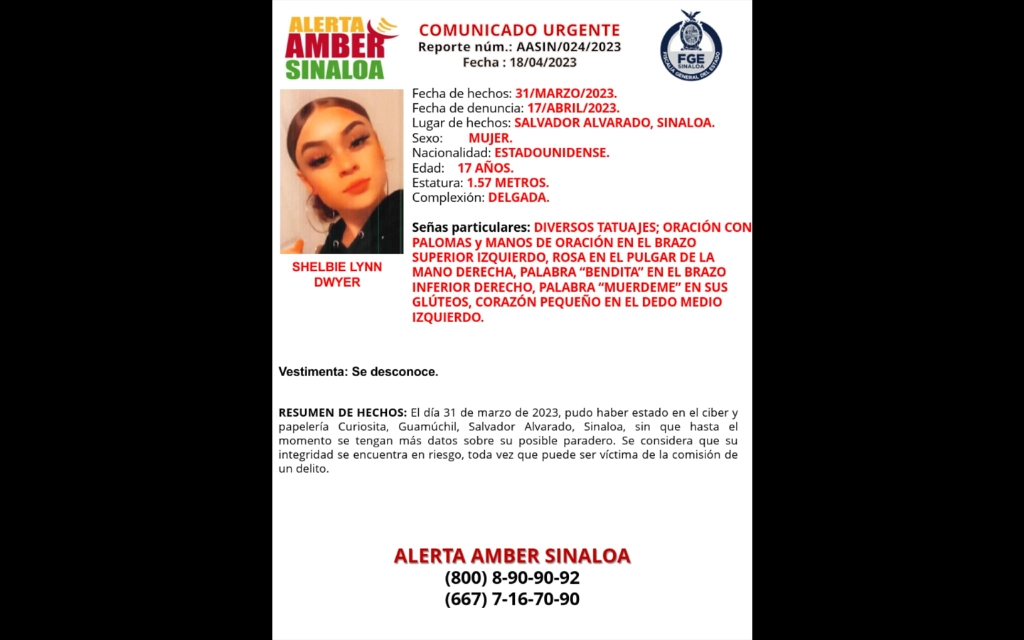 Shelbie Lynn Dwyer, de 17 años de edad, y de nacionalidad estadunidense, desapareció el pasado 31 de marzo. Foto Fiscalía de Sinaloa