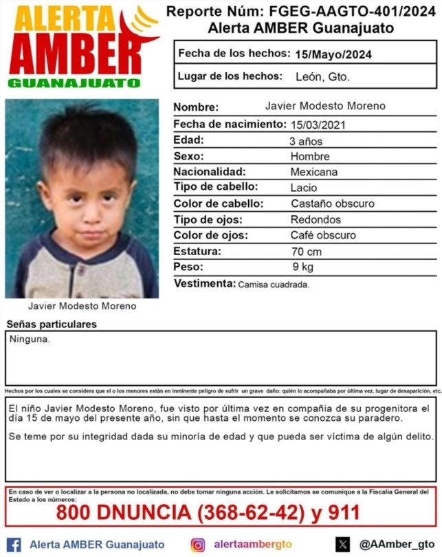 Autoridades emitieron la ficha de búsqueda de un menor desaparecido en los campos agrícolas de Guanajuato. Foto Alerta Amber