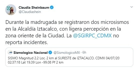 La jefa de Gobierno capitalino, Claudia Sheinbaum, dijo que no hay reporte de incidentes. Foto Twitter @Claudiashein