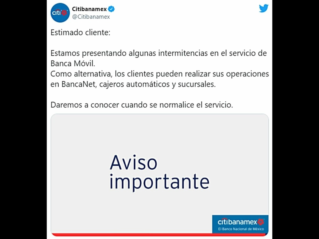 En pleno inicio de quincena y en medio de uno de los meses más difíciles en lo que va de la pandemia del Covid-19, la aplicación de banca móvil de Citibanamex presenta fallas de acuerdo con denuncias de usuarios en redes sociales. Imagen tomada del Twitter de @Citibanamex