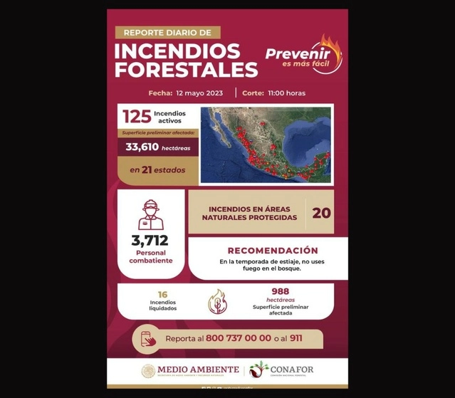 En medio de la segunda ola de calor en el país, entre el lunes y viernes, los incendios forestales se incrementaron al pasar de 79 a 125 en 21 entidades del país. Imagen tomada de @CONAFOR