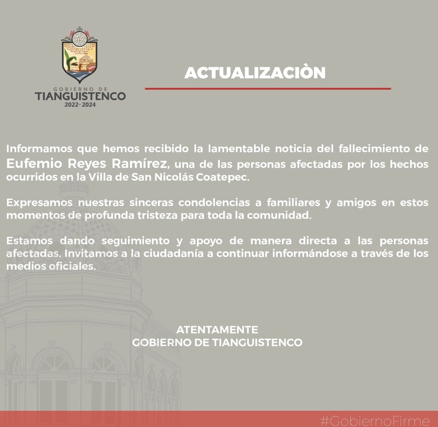 El gobierno de Tianguistenco dio a conocer la muerte de una de las personas que resultó herida tras la explosión de pirotecnia. Foto tomada del Facebook del gobierno municipal