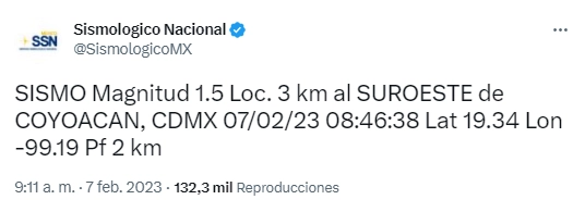El Sismologico Nacional reportó sismo de 1.5 localizado a 3 kilómetros al suroeste de Coyoacán