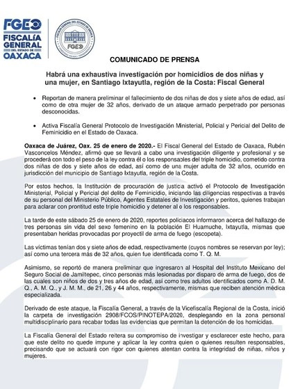 Comunicado de la Fiscalía General de Justicia del Estado de Oaxaca sobre el triple feminicidio. Foto @FISCALIA_GobOax