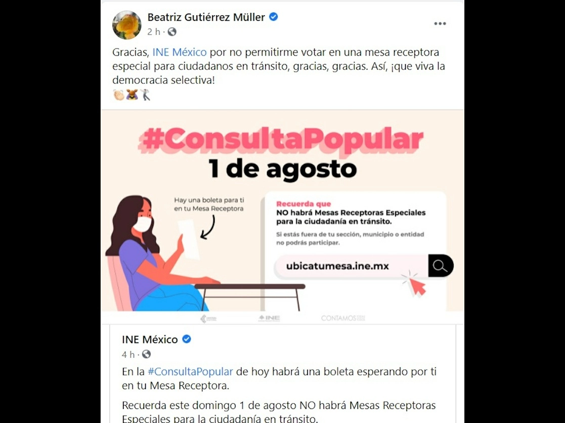 El mensaje de la esposa del presidente en redes socialess sobre la falta de instalación de Mesas Receptoras especiales para la consulta popular. Imagen tomada de la cuenta de Facebook @BGutierrezMuller