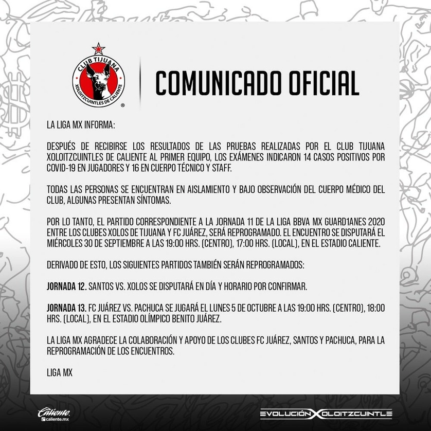 Dos partidos del club Tijuana en el torneo Guardianes fueron reprogramados debido a que 14 jugadores y 16 integrantes del cuerpo técnico y staff dieron positivo a Covid-19, informó la Liga MX. Imagen tomada de Twitter @Xolos