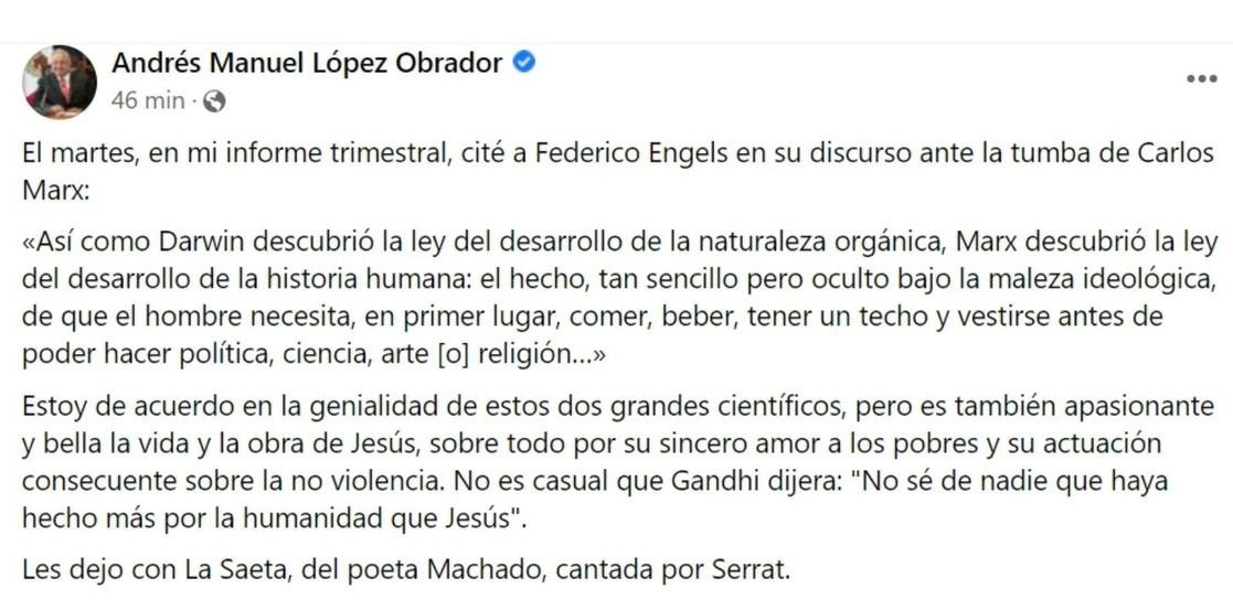 Mensaje del presidente López Obrador con motivo del Viernes Santo. Imagen tomada del Facebook de @lopezobrador.org.mx