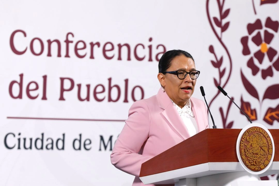 La titular de Segob, Rosa Icela Rodríguez durante una conferencia de prensa matutina el pasado 25 de marzo de 2025. Foto 