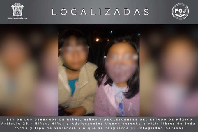 La FGJEM en su cuenta de Twitter informó que las dos niñas "están en buen estado de salud, las investigaciones permiten establecer que salieron de su domicilio a base de engaños". Foto FGJEM