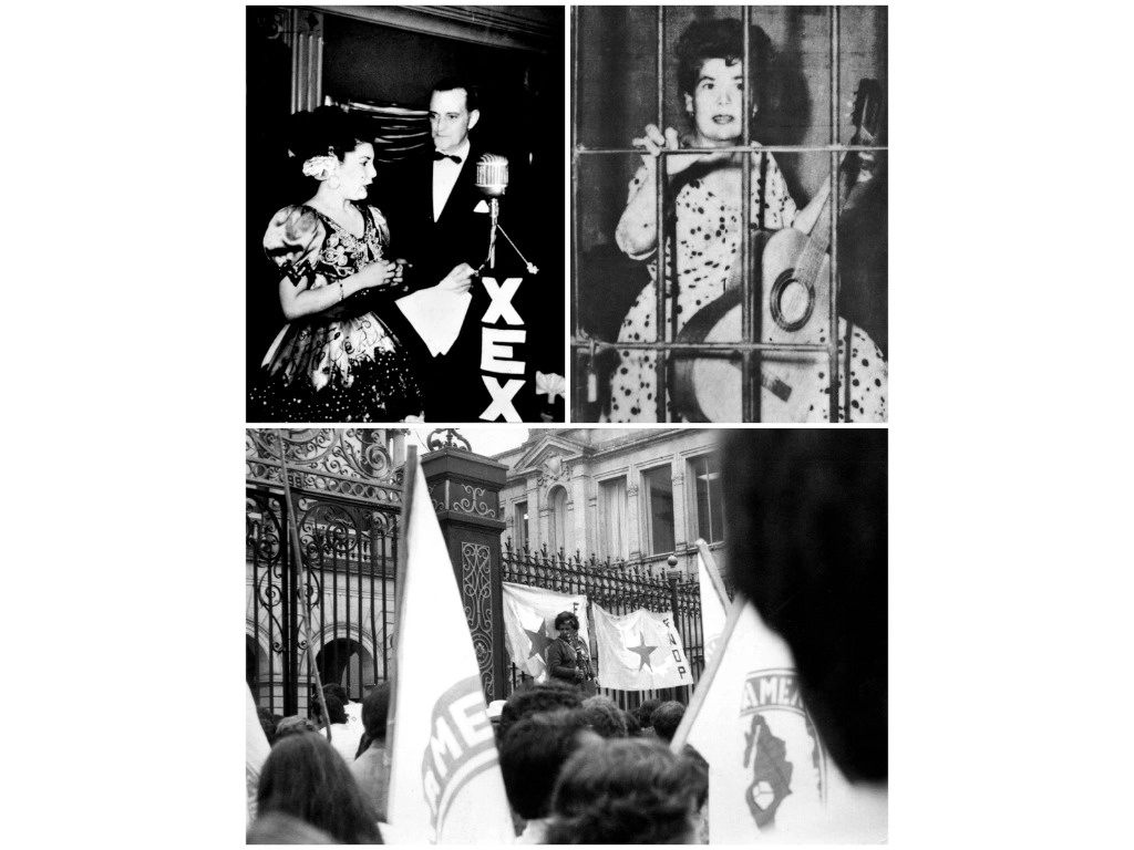 Judith Reyes durante una protesta frente a la Secretaría de Gobernación en los años 80. Una presentación en la XEX. Y otra imagen sin más datos ubicada en Chihuahua. Foto del archivo de Josué Jorge Alarcón Reyes, hijo de la artista y periodista 