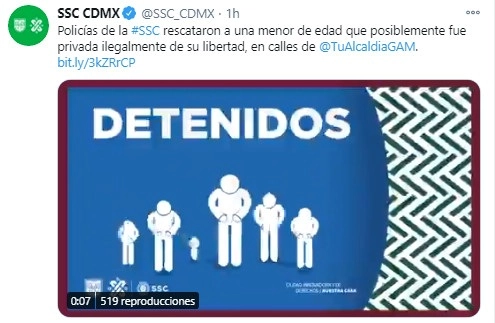 Una adolescente de 15 años fue rescatada por policías capitalinos, que detuvieron a dos hombres y una mujer responsables de realizar el presunto secuestro en contra de la menor en calles de Gustavo A. Madero. Imagen tomada del Twitter @SSC_CDMX