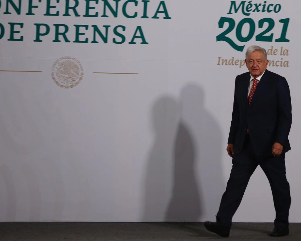 El presidente Andrés Manuel López Obrador, en la conferencia matutina del 14 de mayo de 2021. Foto Guillermo Sologuren