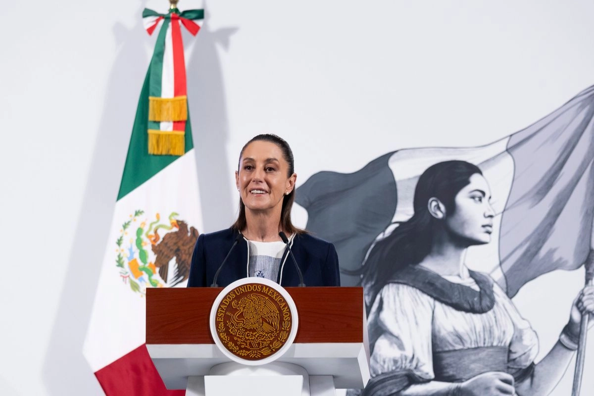 La Presidenta de México, Claudia Sheinbaum, durante su conferencia matutina en Palacio Nacional, en la Ciudad de México, el 14 de julio de 2025. 