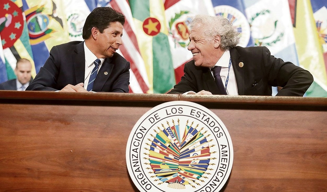 Pedro Castillo, presidente de Perú, y Luis Almagro, secretario general de la OEA, durante un evento del organismo continental. Foto Europa Press.