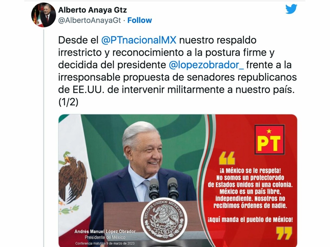 Mensaje publicado por el dirigente nacional del PT, Alberto Anaya, el 9 de marzo de 2023. Foto tomada de Twitter @AlbertoAnayaGt