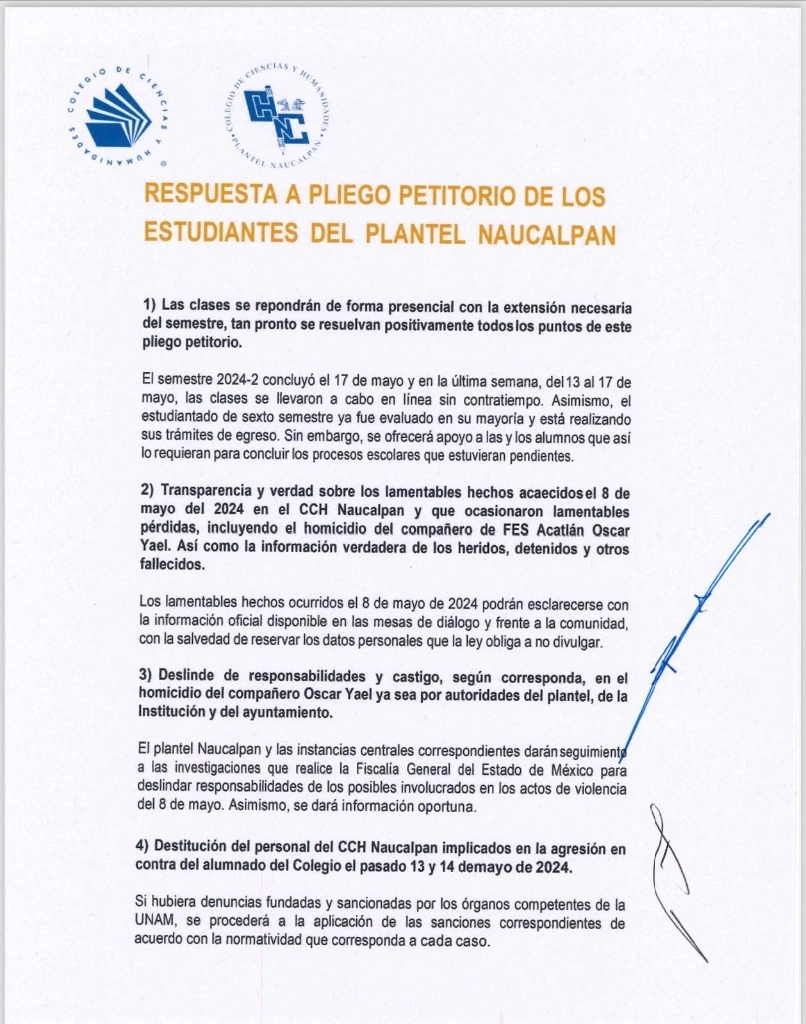 Respuesta del pliego petitorio.