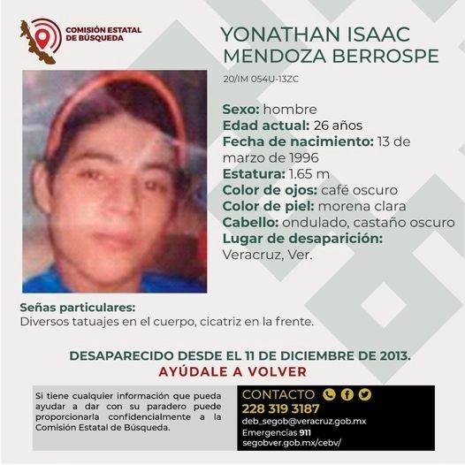 Yonathan Isaac Mendoza Berrospe, desapareció el 11 de diciembre de 2013. Foto Comisión Estatal de Búsqueda Veracruz