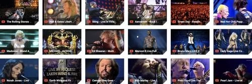 En capturas de pantalla de YouTube, Rolling Stones, Sting y Lady Gaga, entre otros, de diferentes géneros musicales