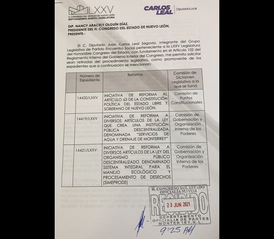 Solicitud de retiro de las iniciativas presentadas por el diputado local de NL, Carlos Leal. Foto Yolanda Chio