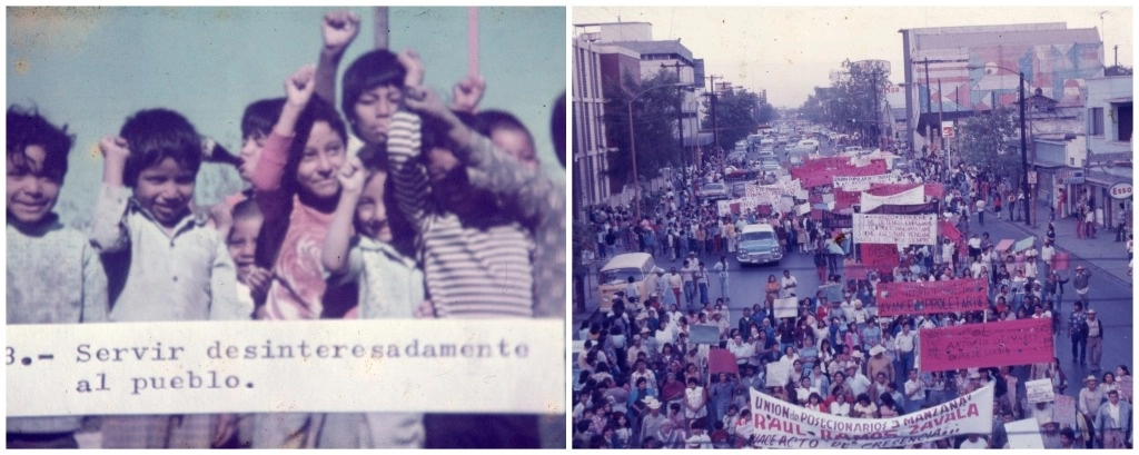 Marcha del Frente Popular Tierra y Libertad, en Monterrey, Nuevo León, a finales de los 70, y otra diapositiva del Archivo de Cine Militante de Monterrey. Foto Roberto Villanueva 