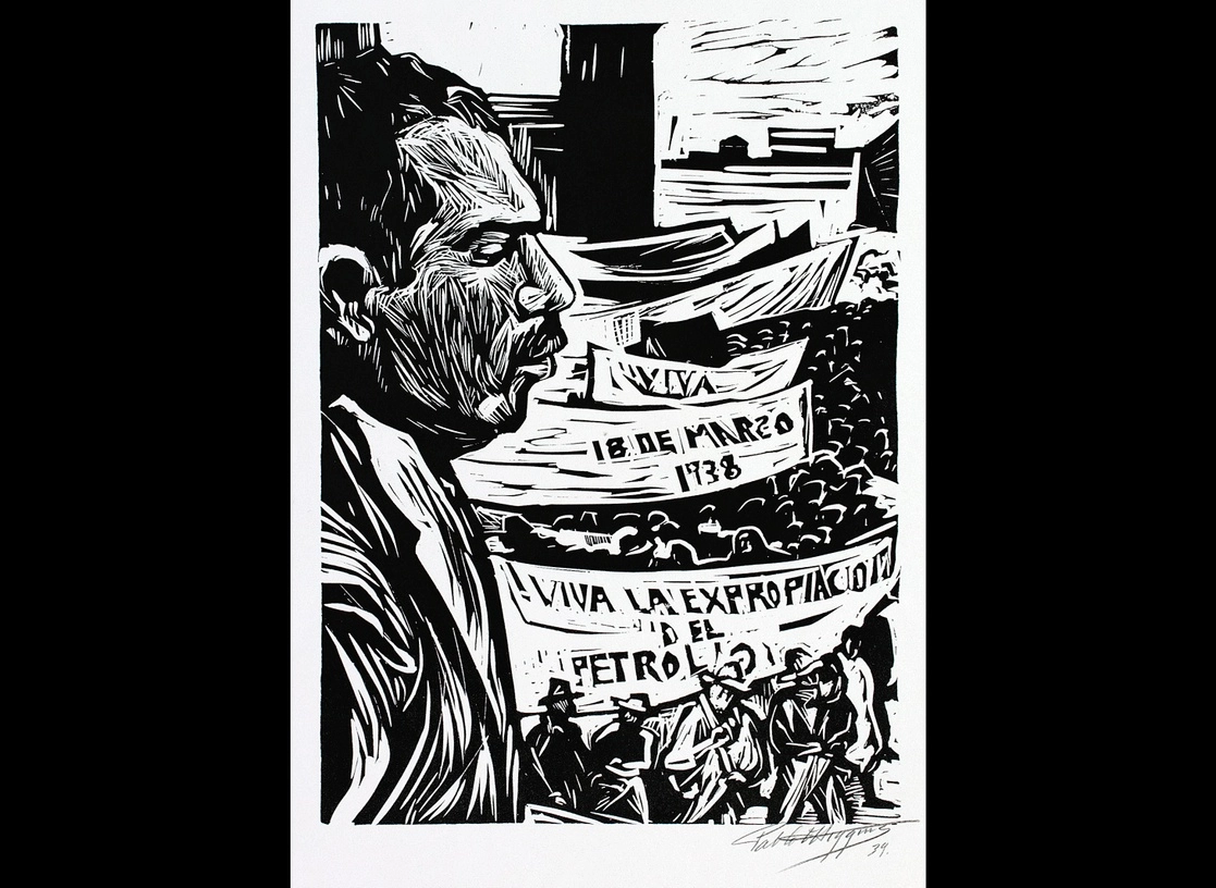 ‘Pablo O’Higgins: Estampas de vida y lucha’, a partir de hoy en el Museo Nacional de la Estampa, en CDMX. La imagen corresponde al grabado en linóleo Cárdenas informa al pueblo (1939). Foto cortesía del Munae
