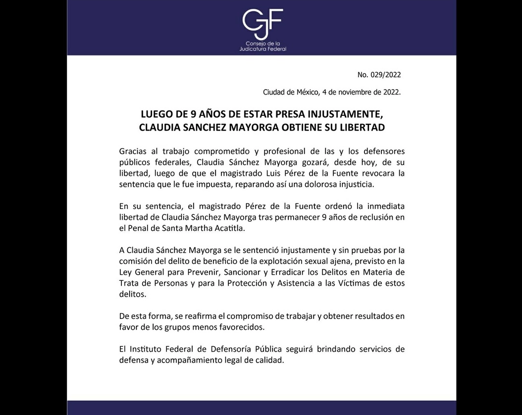 El Magistrado Luis Pérez de la Fuente, ordenó la la inmediata libertad de Claudia Sánchez Mayorga tras permanecer nueve años en Santa Martha Acatitla. Foto Tomada del Twitter @CJF_Mx 