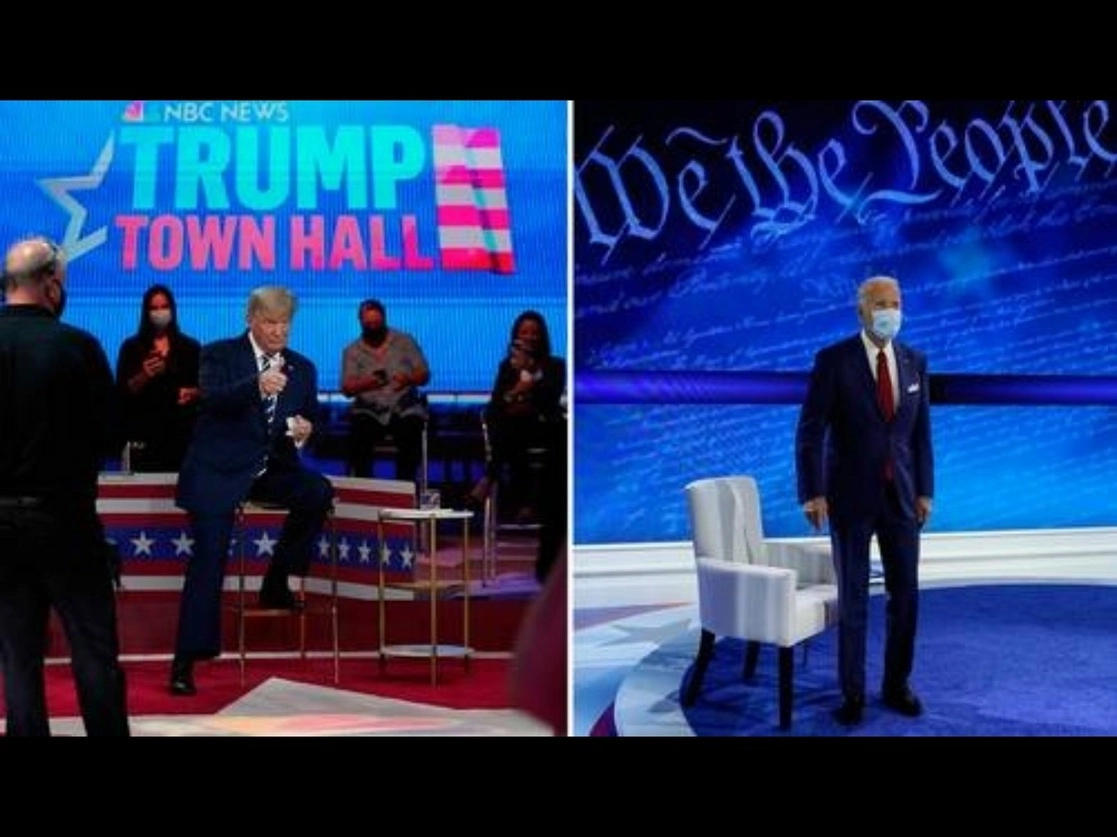 El presidente Donald Trump, y el candidato Joe Biden, ayer en sus respectivos foros televisivos. Foto Ap