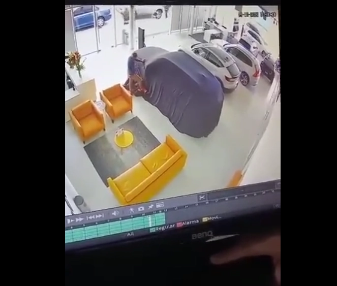 Un video captó imágenes del asalto a la agencia de autos Volvo en León, Guanajuato. Foto Video difundido en redes