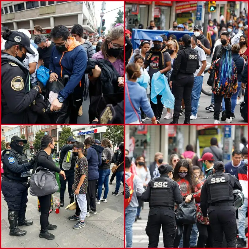 Elementos de la SSC- CDMX, ubicados en los filtros de seguridad en la esquina de Pino Suárez y San Jerónimo, así como en la avenida 20 de Noviembre, revisan mochilas para evitar el acceso de armas, pirotecnia y bebidas alcohólicas al Zócalo, donde esta noche se presentará el grupo Firme, el 25 de septiembre de 2022. Foto Pablo Ramos y Luis Castillo