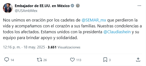 Mensaje en cuenta de X de Ronald Johnson, embajador de EU en México.
