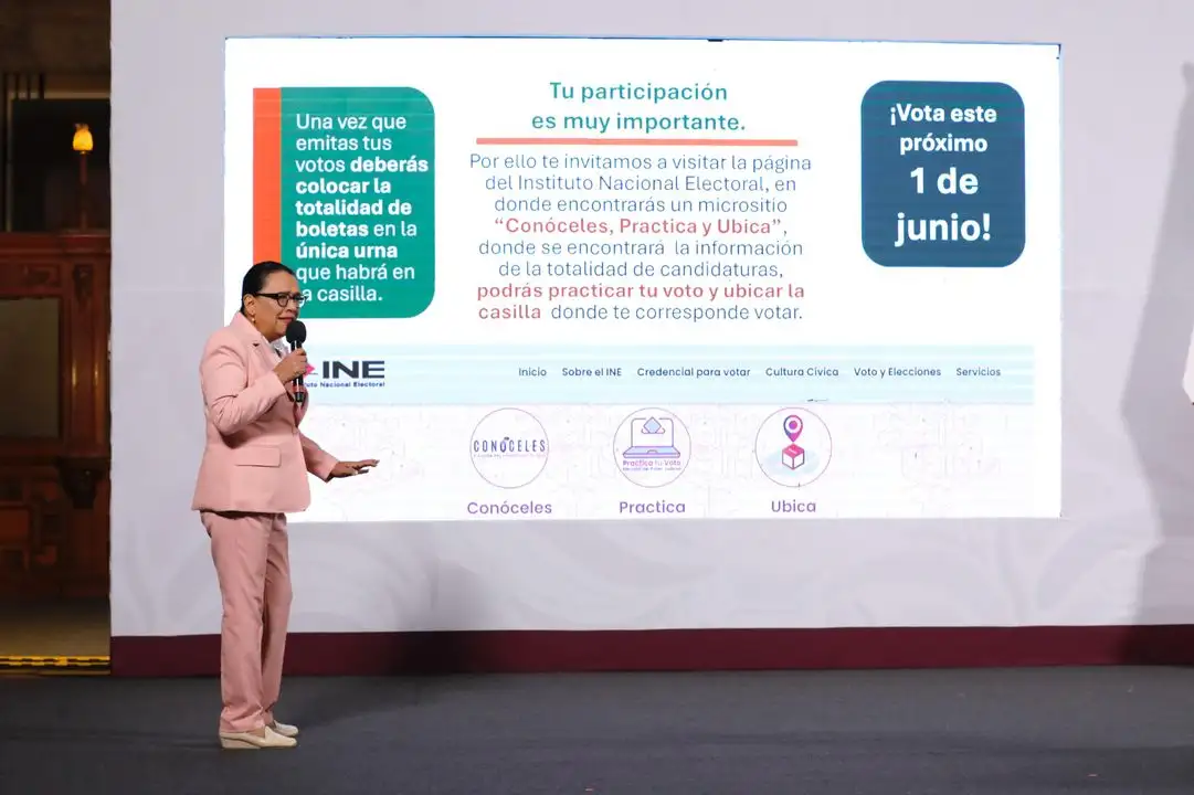 Rosa Icela Rodríguez, titular de la Secretaría de Gobernación, durante la conferencia presidencial matutina del 16 de abril de 2025.
