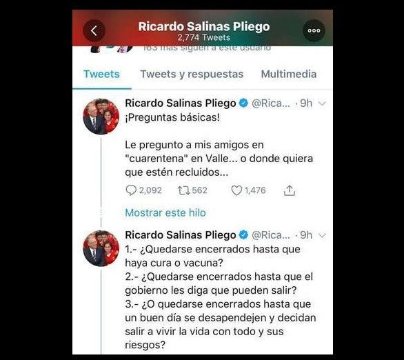 Imagen del tuit en el que el empresario Ricardo Salinas muestra su desacuerdo con las acciones para protegerse