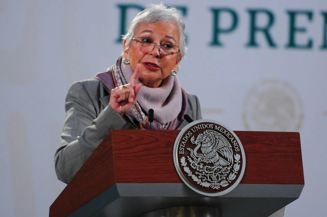 La secretaria de Gobernación, Olga Sánchez Cordero, encabeza la conferencia matutina en Palacio Nacional, en la Ciudad de México, el 27 de enero de 2021. Foto Cuartoscuro 
