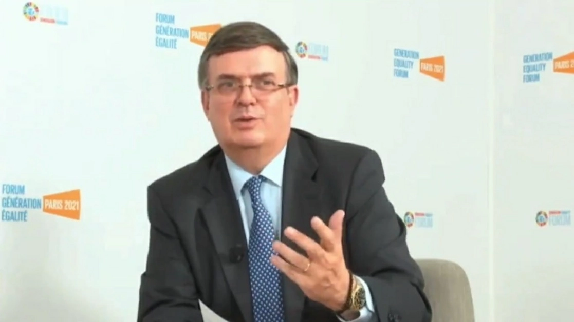 El canciller Marcelo Ebrard durante el Foro "Generación Igualdad" organizado por ONU Mujeres y los gobiernos de Francia y México. Fotograma tomado del video difundido por la SRE