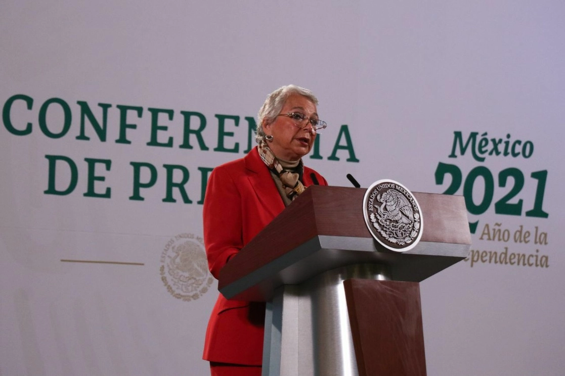 La secretaria de Gobernación Olga Sánchez Cordero encabeza la conferencia matutina en Palacio Nacional, en la Ciudad de México, el 26 de enero de 2021. Foto Cuartoscuro