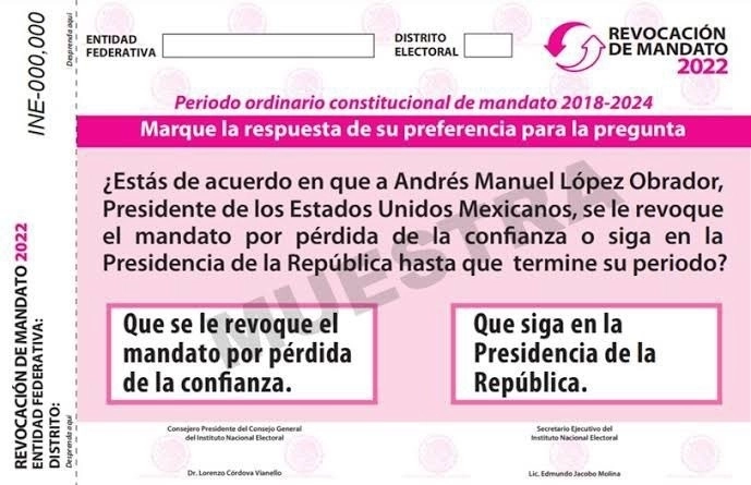 Boleta que se usará en la revocación de mandato aprobada por el Consejo General del INE. Imagen tomada de https://twitter.com/INEMexico