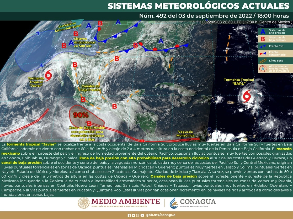 El Servicio Meteorológico Nacional prevé que la tropical Javier comenzará a alejarse gradualmente de la Península de Baja California. Imagen tomada de @conagua_clima