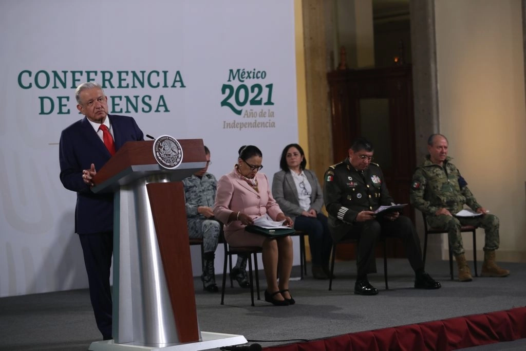 El presidente Andrés Manuel López Obrador durante la conferencia de prensa matutina en Palacio Nacional, el 20 de agosto de 2021. Foto Yazmín Ortega Cortés