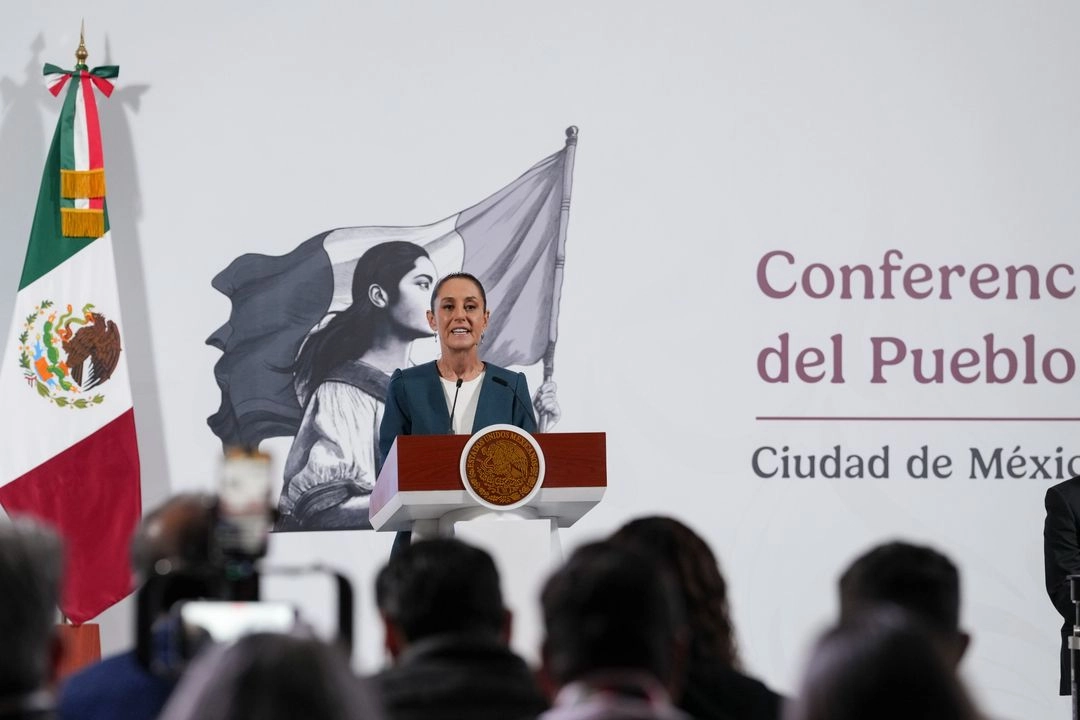 La presidenta de México, Claudia Sheinbaum, durante su conferencia matutina en Palacio Nacional, en la Ciudad de México, el 9 de julio de 2025. 