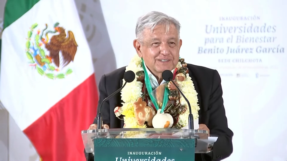 El presidente Andrés Manuel López Obrador durante la inauguración de la Universidad para el Bienestar Benito Juárez García, desde Chilchota, Michoacán. Imagen tomada de transmisión en vivo del evento